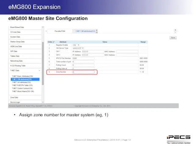 Assign zone number for master system (eg, 1) eMG800 Master Site Configuration eMG800 Expansion