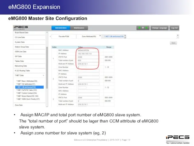 Assign MAC/IP and total port number of eMG800 slave system.