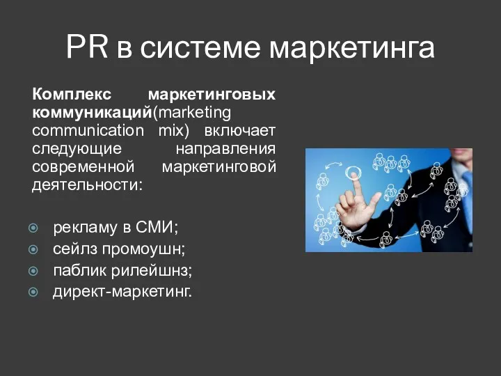 PR в системе маркетинга Комплекс маркетинговых коммуникаций(marketing communication mix) включает