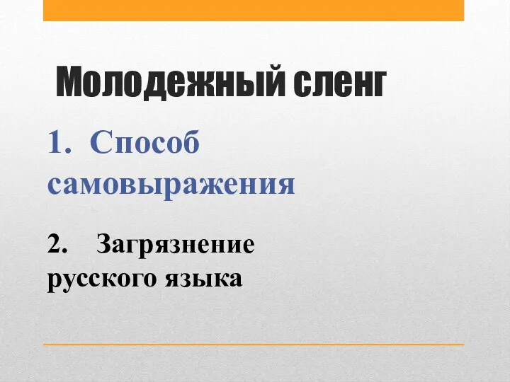 Молодежный сленг 1. Способ самовыражения 2. Загрязнение русского языка