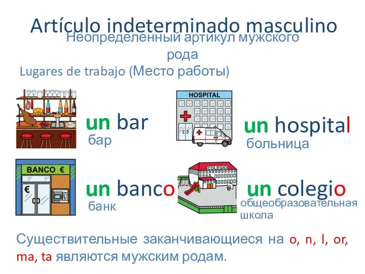 Artículo indeterminado masculino Неопределенный артикул мужского рода Lugares de trabajo