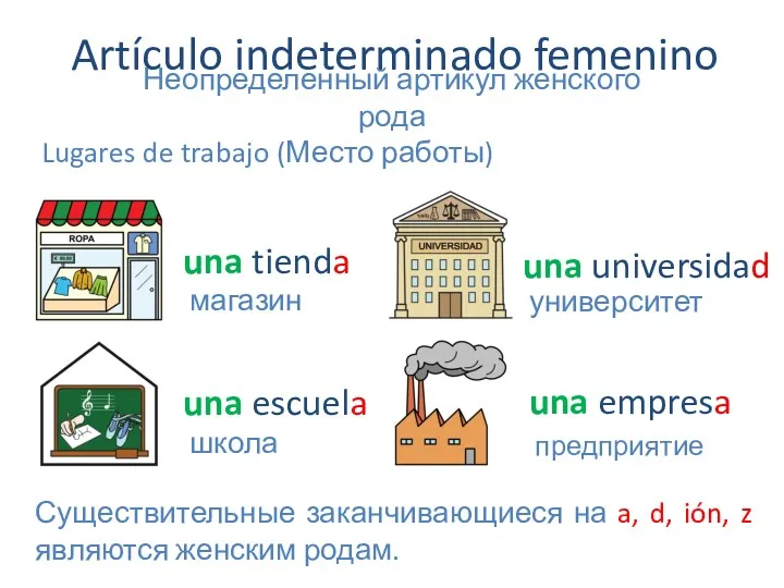 Artículo indeterminado femenino Неопределенный артикул женского рода Lugares de trabajo