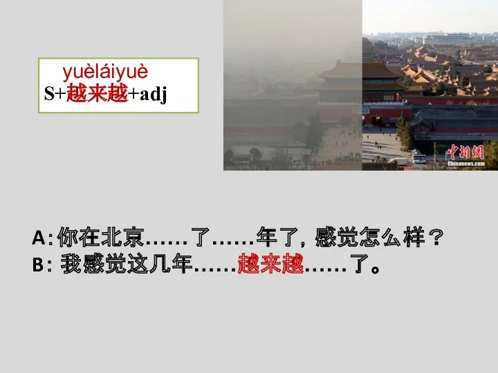 yuèláiyuè S+越来越+adj A：你在北京……了……年了，感觉怎么样？ B： 我感觉这几年……越来越……了。