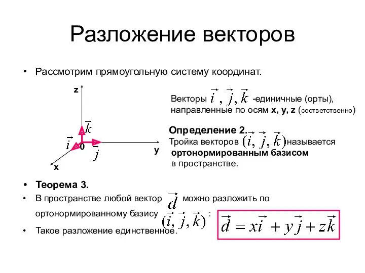 Разложение векторов Рассмотрим прямоугольную систему координат. Теорема 3. В пространстве