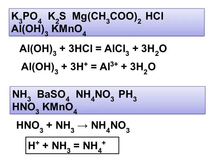 K3PO4 K2S Mg(CH3COO)2 HCl Al(OH)3 KMnO4 Al(OH)3 + 3HCl =