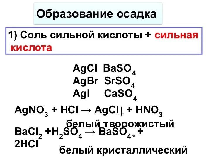 Образование осадка 1) Соль сильной кислоты + сильная кислота AgNO3