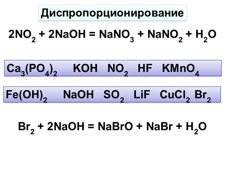 2NO2 + 2NaOH = NaNO3 + NaNO2 + H2O Диспропорционирование