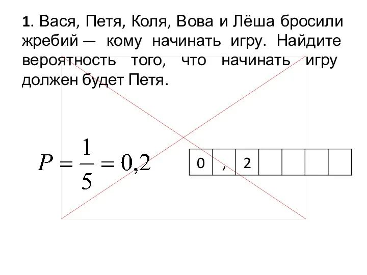 1. Вася, Петя, Коля, Вова и Лёша бросили жребий —