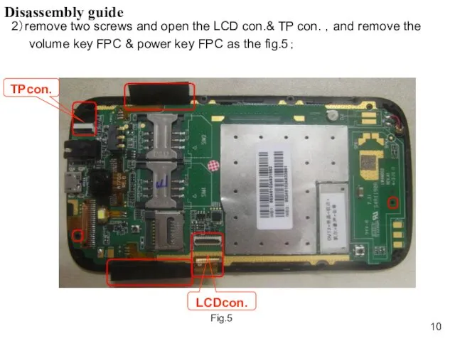 2）remove two screws and open the LCD con.& TP con.