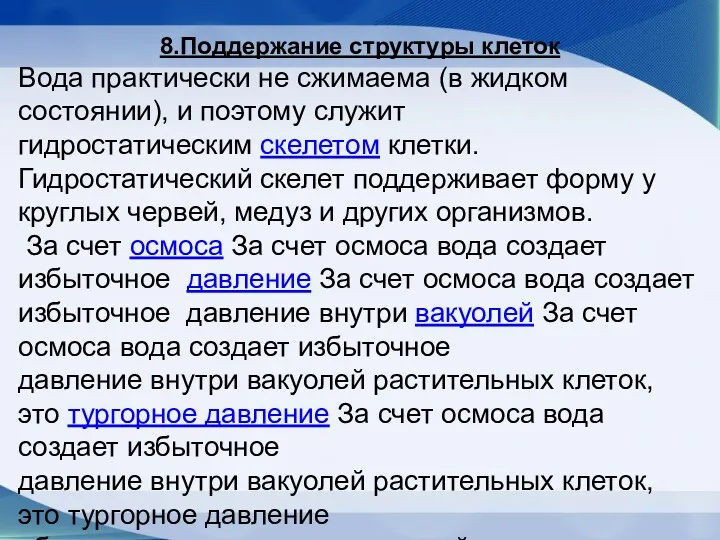 8.Поддержание структуры клеток Вода практически не сжимаема (в жидком состоянии),