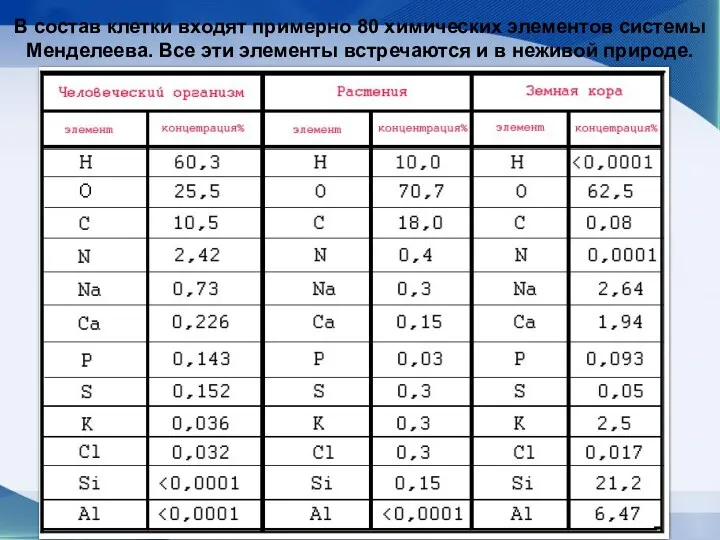 В состав клетки входят примерно 80 химических элементов системы Менделеева.