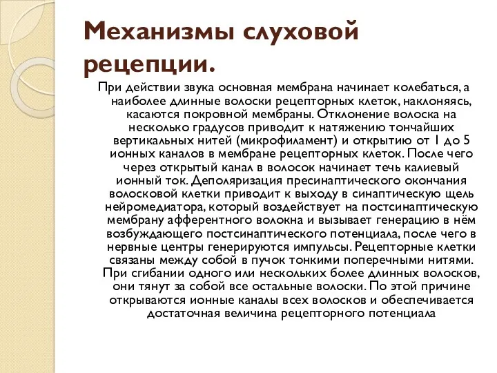 Механизмы слуховой рецепции. При действии звука основная мембрана начинает колебаться,