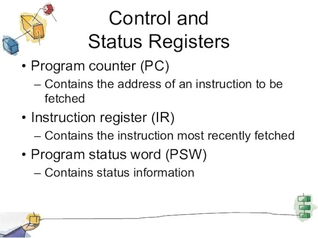 Control and Status Registers Program counter (PC) Contains the address