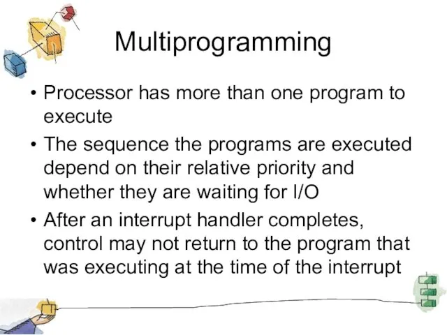 Multiprogramming Processor has more than one program to execute The