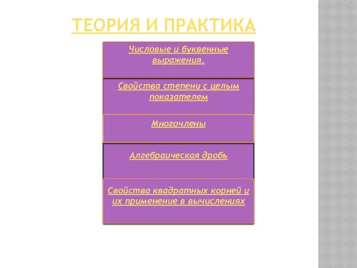 ТЕОРИЯ И ПРАКТИКА Алгебраическая дробь Свойства степени с целым показателем