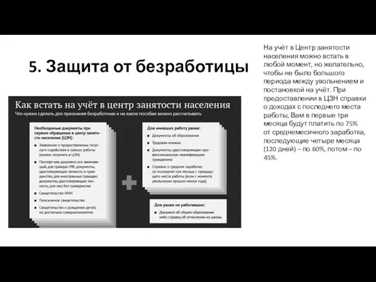 5. Защита от безработицы На учёт в Центр занятости населения