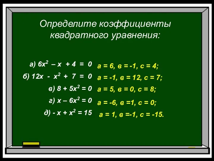 а) 6х2 – х + 4 = 0 б) 12х