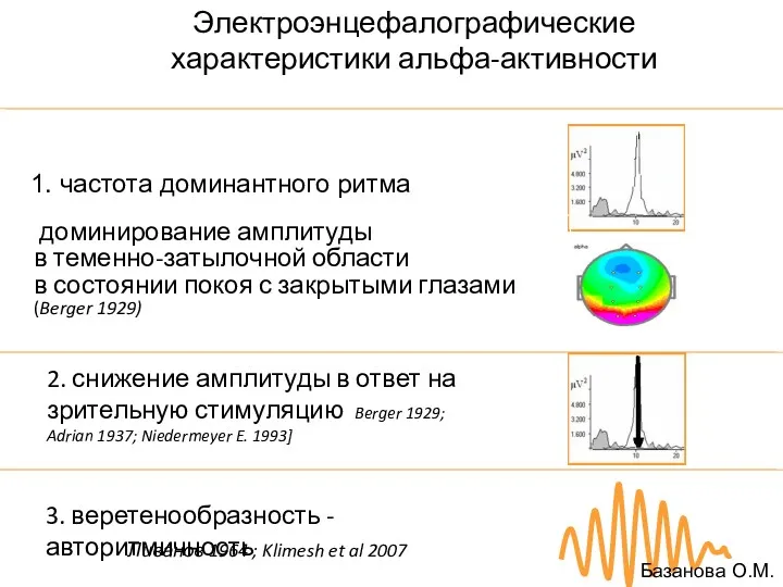 Электроэнцефалографические характеристики альфа-активности 3. веретенообразность - авторитмичность 2. снижение амплитуды