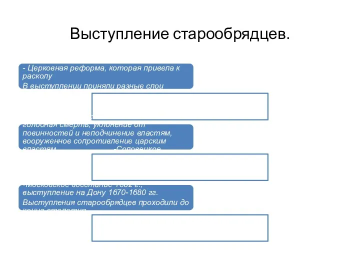 Выступление старообрядцев. Причина: - Церковная реформа, которая привела к расколу