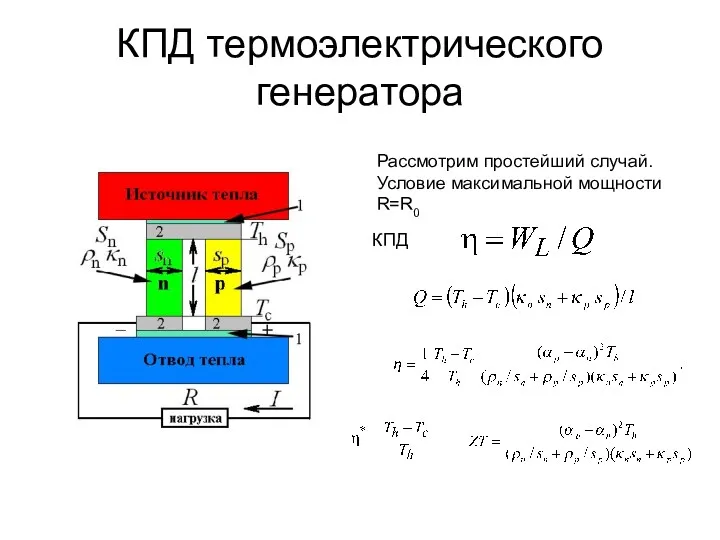 КПД термоэлектрического генератора Рассмотрим простейший случай. Условие максимальной мощности R=R0 КПД