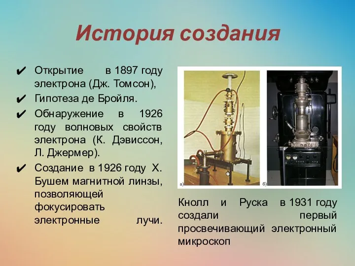 История создания Открытие в 1897 году электрона (Дж. Томсон), Гипотеза де Бройля. Обнаружение