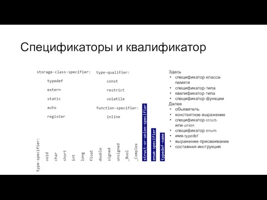 Спецификаторы и квалификатор Здесь спецификатор-класса-памяти спецификатор-типа квалификатор-типа спецификатор-функции Далее объявитель константное-выражение спецификатор-struct-или-union спецификатор-enum имя-typedef выражение-присваивание составная-инструкция