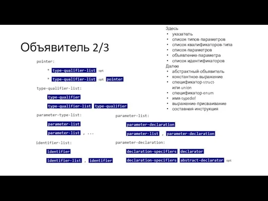 Объявитель 2/3 Здесь указатель список-типов-параметров список-квалификаторов-типа список-параметров объявление-параметра список-идентификаторов Далее