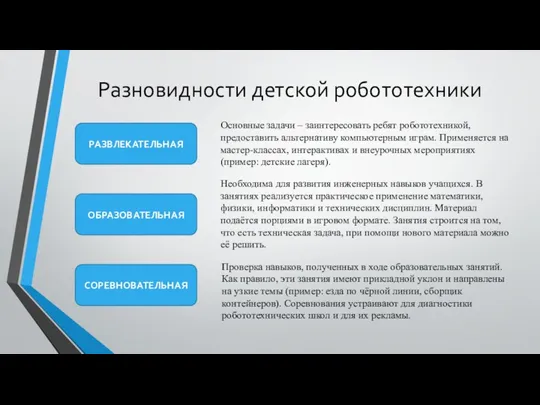 Разновидности детской робототехники РАЗВЛЕКАТЕЛЬНАЯ ОБРАЗОВАТЕЛЬНАЯ СОРЕВНОВАТЕЛЬНАЯ Основные задачи – заинтересовать