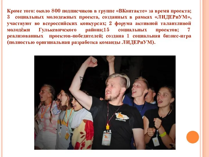 Кроме того: около 800 подписчиков в группе «ВКонтакте» за время
