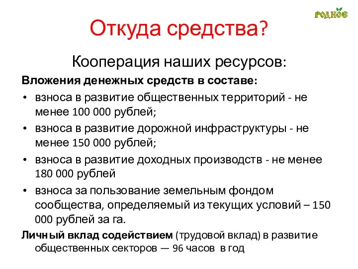 Откуда средства? Кооперация наших ресурсов: Вложения денежных средств в составе: