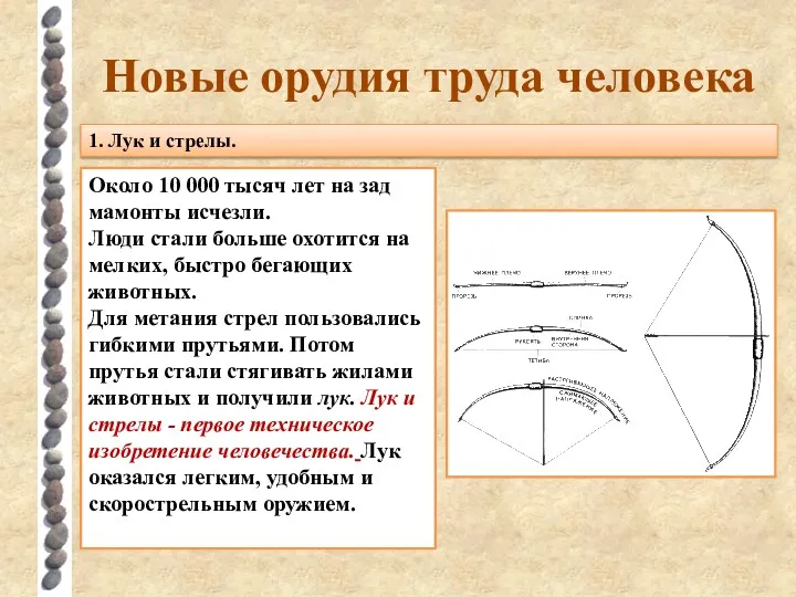 Новые орудия труда человека 1. Лук и стрелы. Около 10