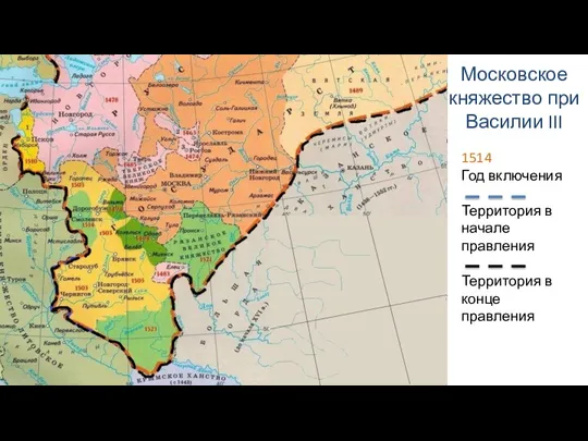 Московское княжество при Василии III 1514 Год включения Территория в начале правления Территория в конце правления
