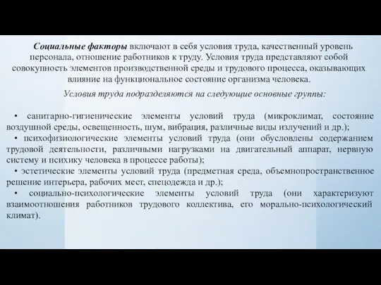 Социальные факторы включают в себя условия труда, качественный уровень персонала,