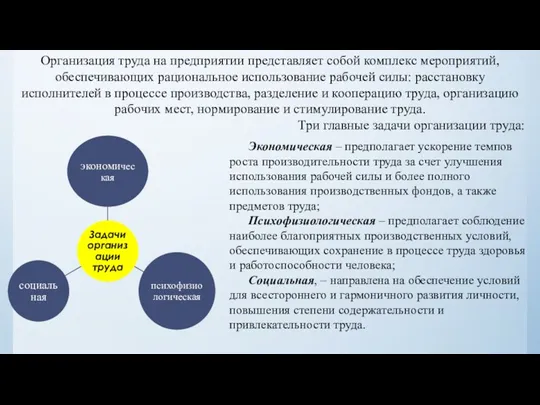 Организация труда на предприятии представляет собой комплекс мероприятий, обеспечивающих рациональное