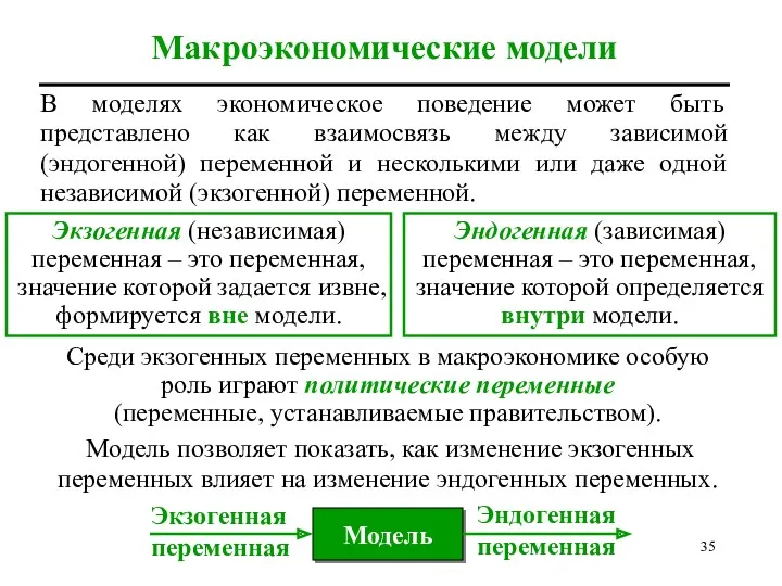 Макроэкономические модели В моделях экономическое поведение может быть представлено как взаимосвязь между зависимой