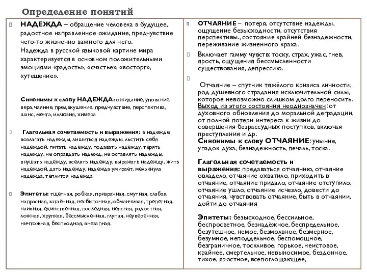 Определение понятий НАДЕЖДА – обращение человека в будущее, радостное направленное