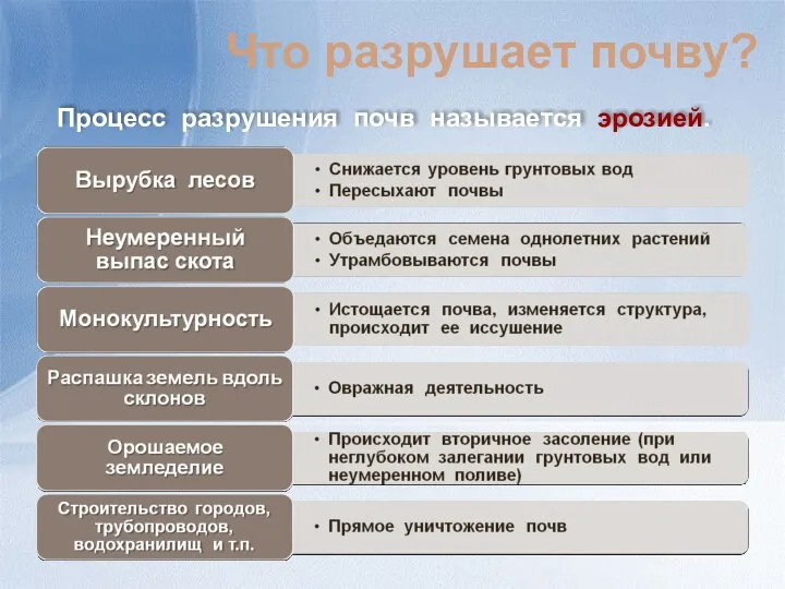 Что разрушает почву? Процесс разрушения почв называется эрозией.