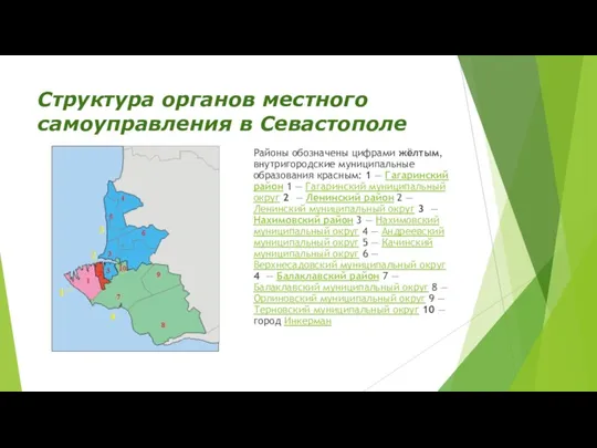 Структура органов местного самоуправления в Севастополе Районы обозначены цифрами жёлтым,