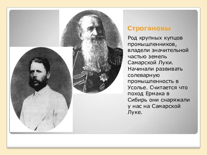 Строгановы Род крупных купцов промышленников, владели значительной частью земель Самарской