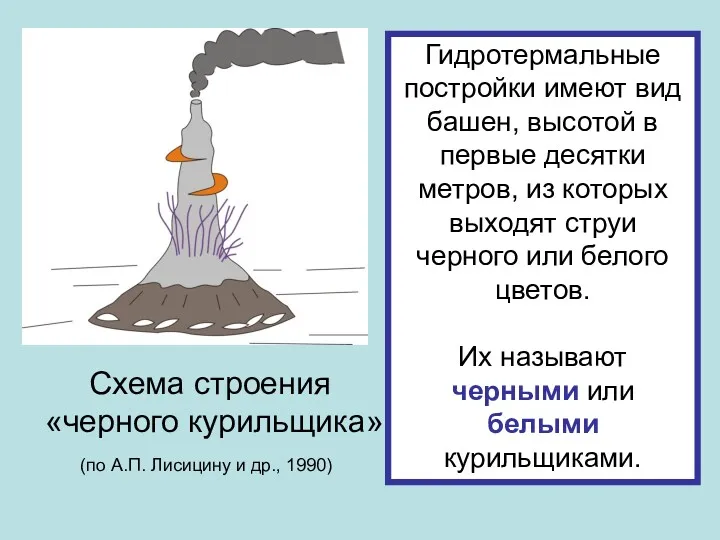 Гидротермальные постройки имеют вид башен, высотой в первые десятки метров,