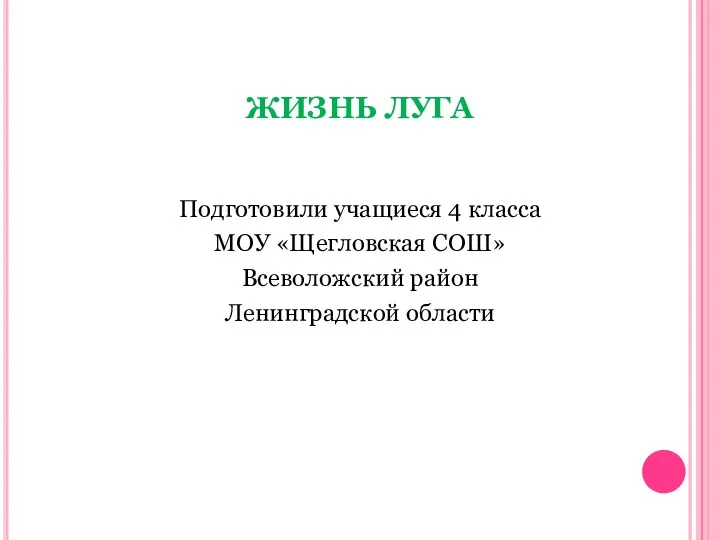 ЖИЗНЬ ЛУГА Подготовили учащиеся 4 класса МОУ «Щегловская СОШ» Всеволожский район Ленинградской области