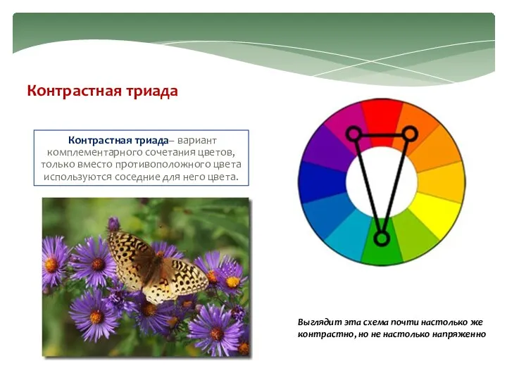 Контрастная триада– вариант комплементарного сочетания цветов, только вместо противоположного цвета