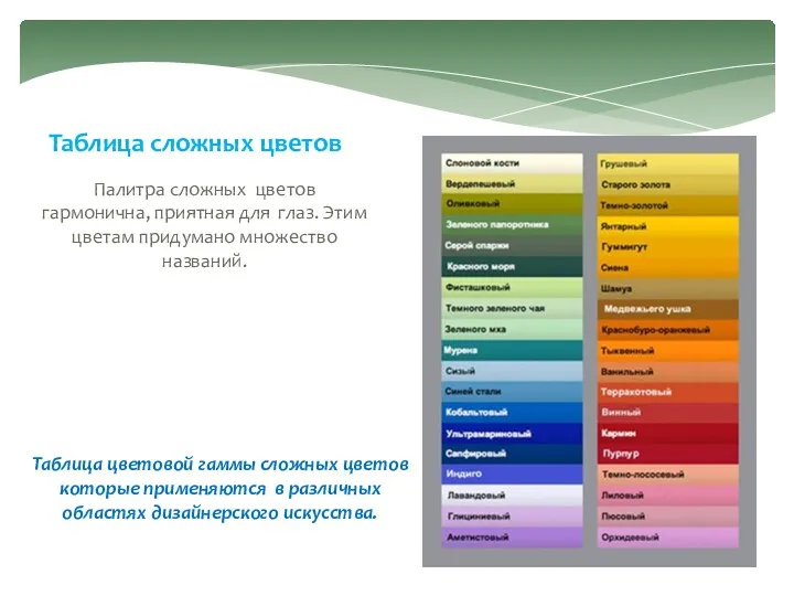 Палитра сложных цветов гармонична, приятная для глаз. Этим цветам придумано