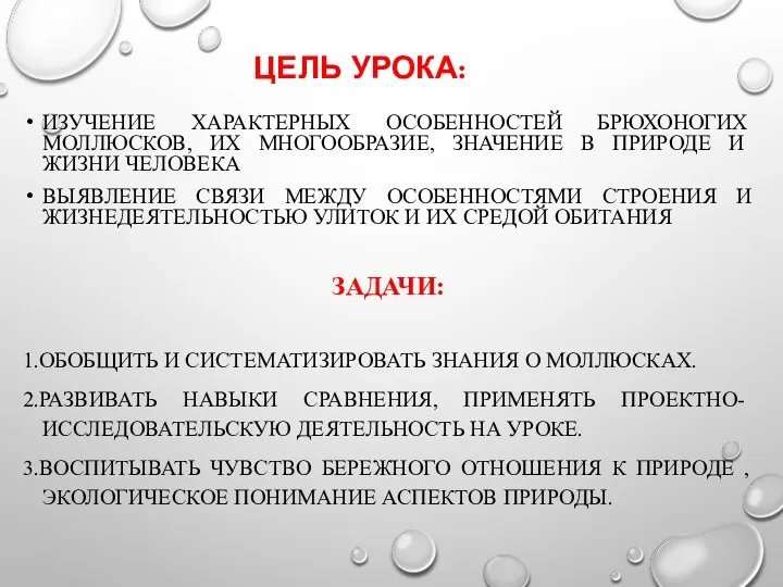 ЦЕЛЬ УРОКА: ИЗУЧЕНИЕ ХАРАКТЕРНЫХ ОСОБЕННОСТЕЙ БРЮХОНОГИХ МОЛЛЮСКОВ, ИХ МНОГООБРАЗИЕ, ЗНАЧЕНИЕ