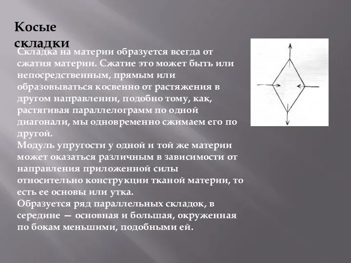 Косые складки Складка на материи образуется всегда от сжатия материи.