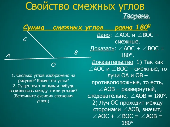 Теорема. Сумма смежных углов равна 1800 Дано: ∠AOC и ∠BOC