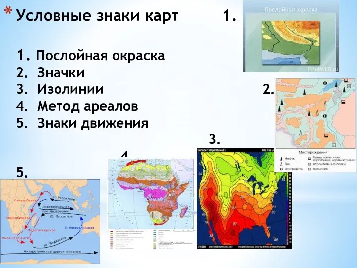 Условные знаки карт 1. 1. Послойная окраска 2. Значки 3.