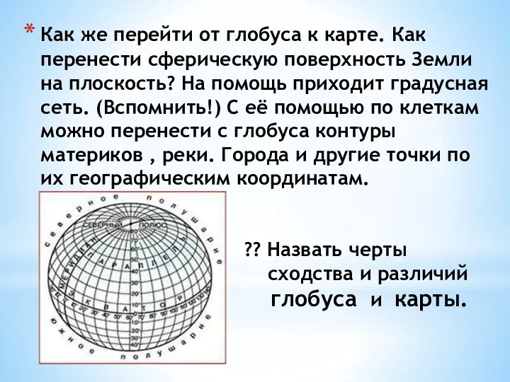 Как же перейти от глобуса к карте. Как перенести сферическую