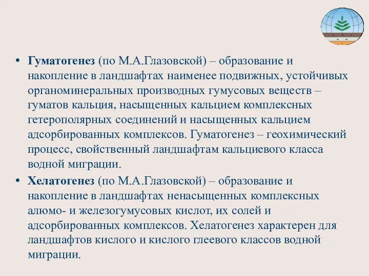 Гуматогенез (по М.А.Глазовской) – образование и накопление в ландшафтах наименее