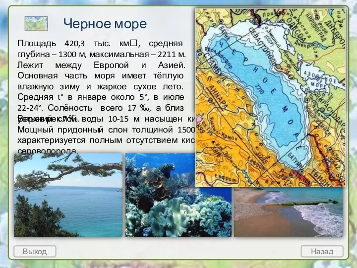 Черное море Выход Назад Площадь 420,3 тыс. км, средняя глубина – 1300 м,